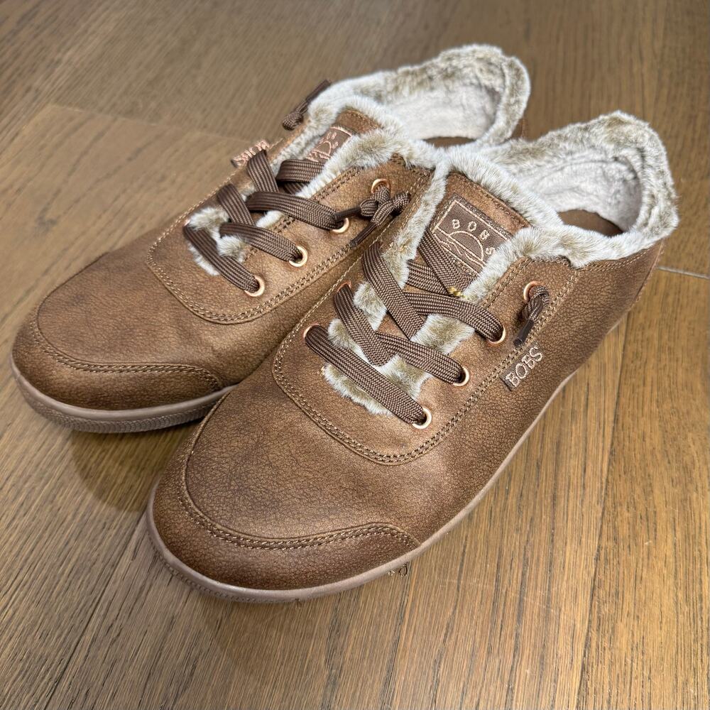 Skechers BOBS B Cute Peak Thru Faux Fur Brown Vegan Leather Sneakers NWOT 8.5